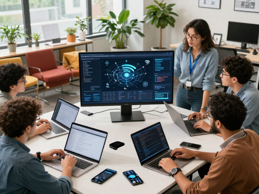 Tim profesional mendiskusikan wifi4d dalam ruang kerja kolaboratif modern.
