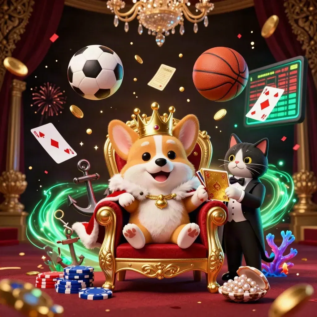 Royal corgi and cat butler amid flying sports balls, coins, and casino magic in a luxe neon scene.