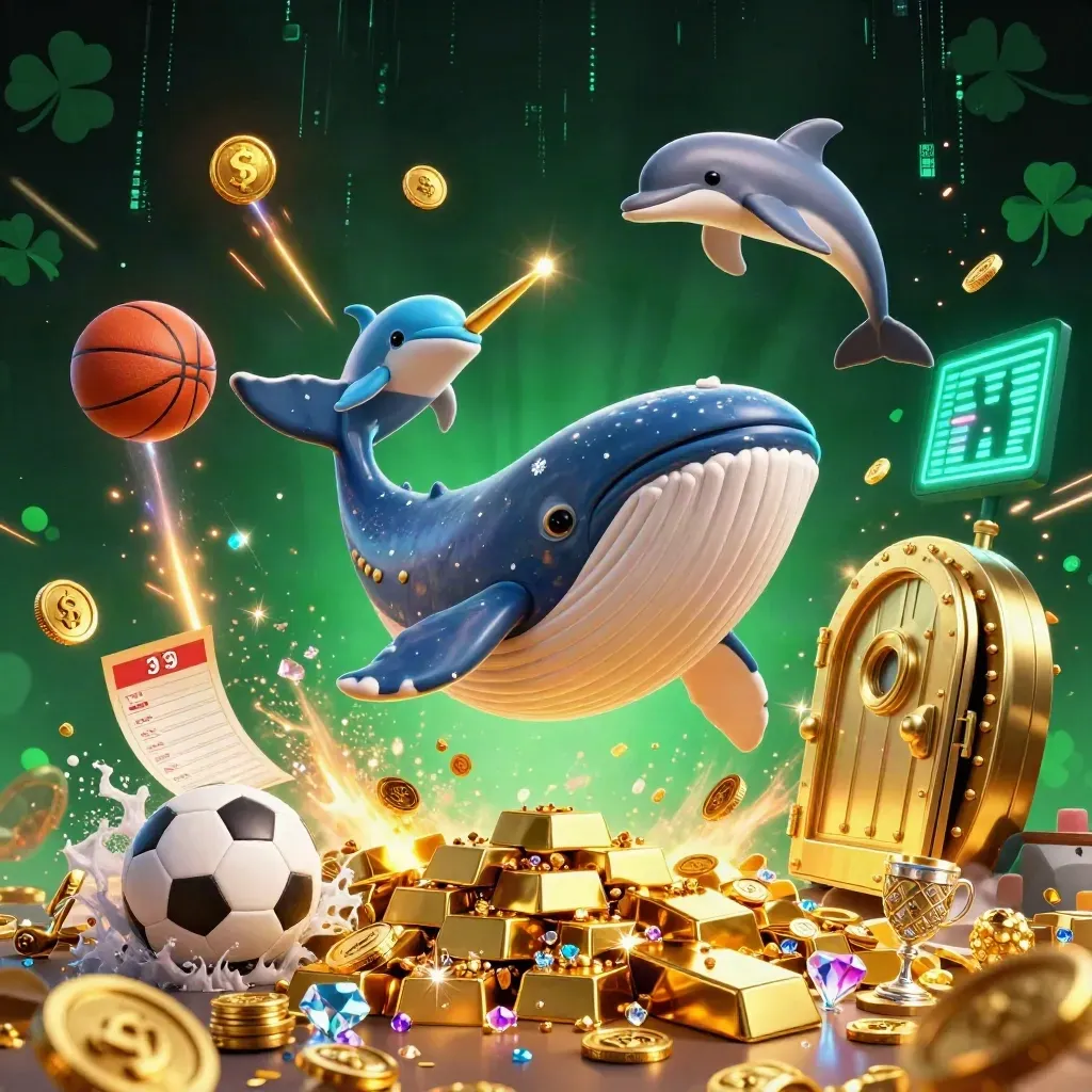 Cartoon whale, narwhal, and dolphins burst through coins amid vault light and casino sports props