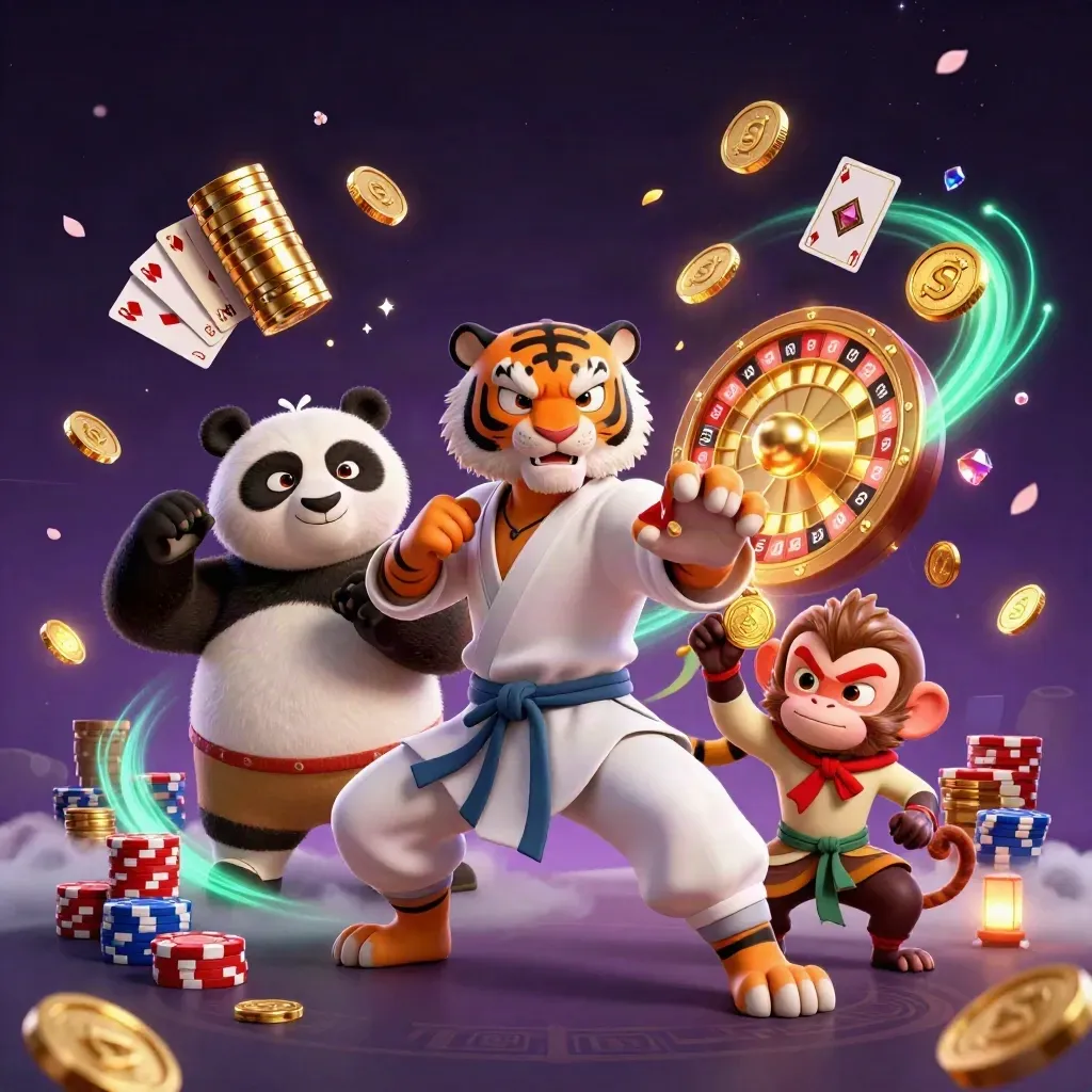 Kung-fu tiger, panda, and monkey amid casino coins, cards, chips, and neon magic.
