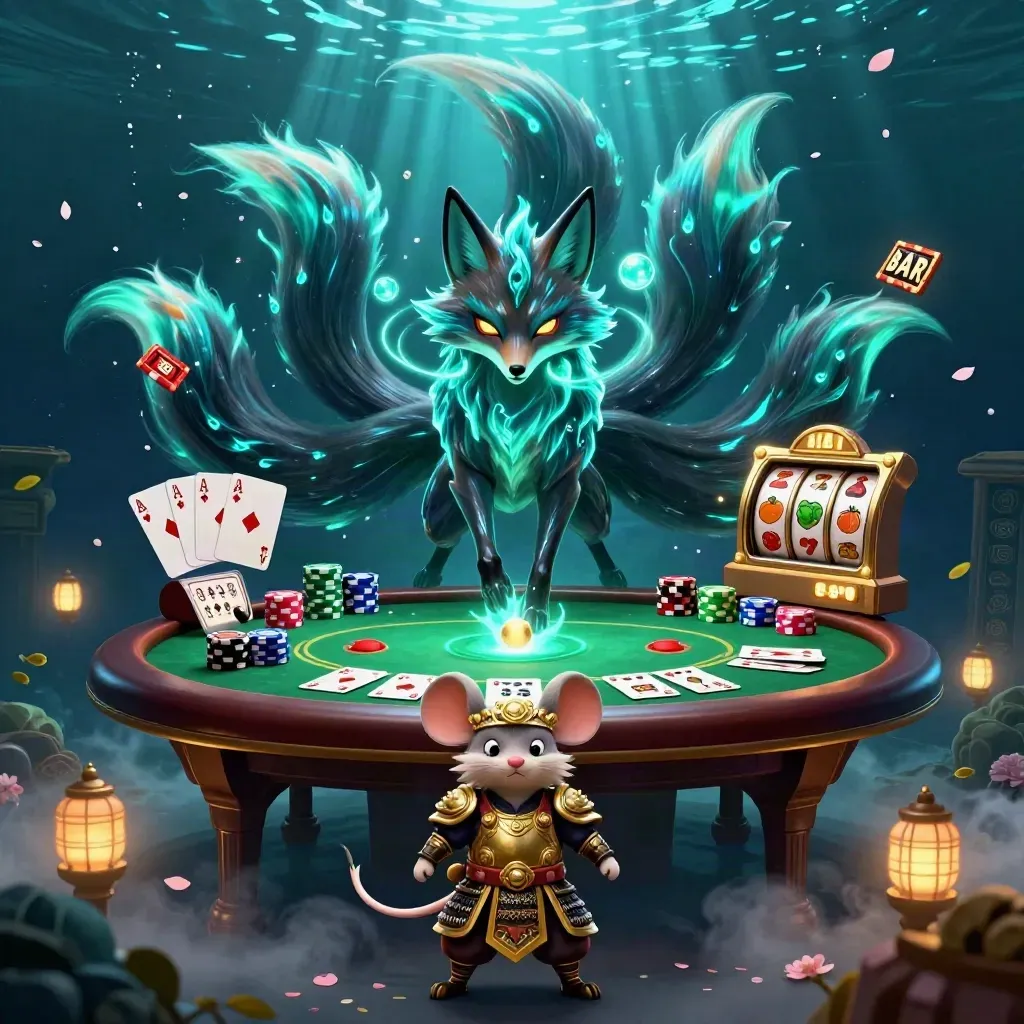 Nine-tailed neon fox spirit with armored mouse amid casino chips, cards, reels, and cyan glow
